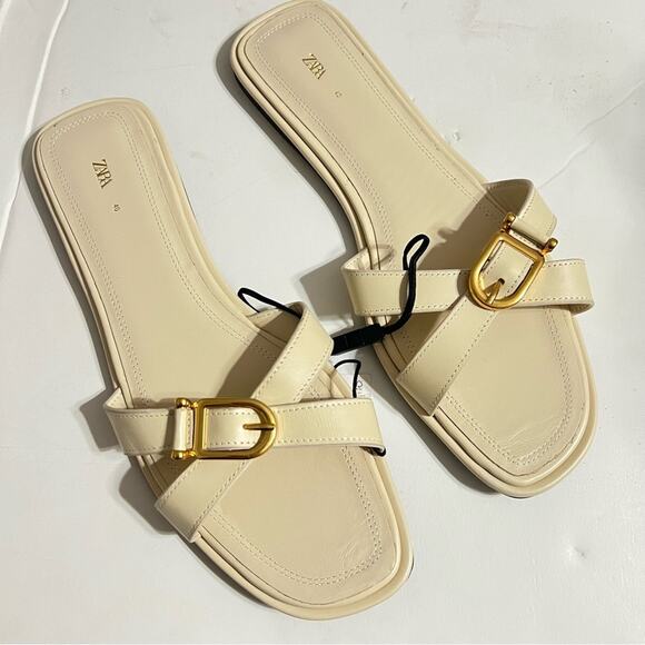 Zara Off White / Cream FLAT LEATHER SANDAL WITH BUCKLE Size 9 US - Picture 6 of 9